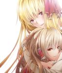  blonde_hair brown_eyes hair_ribbon hair_tubes hakurei_reimu half-closed_eyes hug light_brown_hair light_particles long_hair long_sleeves multiple_girls older open_mouth pink_eyes ribbon rumia simple_background smile tears touhou white_background yanagise younger yuri 