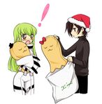  1boy 1girl :o bag bangs black_hair blush bobblehat bow c.c. cheese-kun christmas code_geass ears green_hair hat jacket lelouch_lamperouge long_hair long_sleeves mizunomoto open_mouth pizza_hut profile purple_eyes red_bow santa_hat sidelocks source_request straitjacket surprised top_hat white_background yellow_eyes 