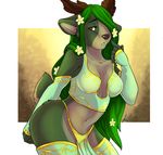  anthro antlers breasts brown_eyes cervine clothed clothing deer druid female flower flower_in_hair green_hair hair horn magic_user mammal pinup pose shariea skimpy solo tribal_spellcaster 
