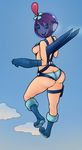  1girl adapted_costume airplane ass blue_eyes blue_hair boots breasts butt_crack cloud crossover drawfag fingerless_gloves flight_helmet fuuro_(pokemon) gloves gym_leader helmet highres jet long_hair looking_back parody pokemon pokemon_(game) pokemon_bw project_a-ko red_hair sideboob sky smile 