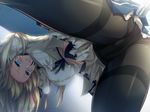  1girl against_wall bent_over blonde_hair blue_eyes blush breasts cameltoe clenched_teeth game_cg gun large_breasts legs long_hair panties pantyhose pantyshot play!_play!_play!_san rape skirt sweat teeth thighs underwear upskirt wazakita weapon 