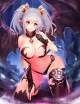  areola_slip areolae asymmetrical_gloves bat_wings black_gloves black_legwear black_panties breasts bridal_gauntlets cleavage demon_girl demon_tail gloves hair_ornament highres kneeling large_breasts original panties pointy_ears red_eyes short_hair silver_hair smile solo succubus tail thighhighs twintails underwear wings yaoya_musuko 