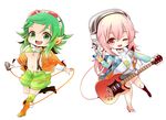 blush breasts chibi crossover electric_guitar goggles goggles_on_head green_eyes green_hair guitar gumi hair_ornament headphones high_heels highres instrument long_hair looking_at_viewer medium_breasts megpoid_(vocaloid3) microphone multiple_girls navel nijita18 nitroplus open_mouth pink_eyes pink_hair plectrum short_hair skirt smile super_sonico underboob vocaloid white_background 