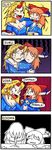  2girls 4koma alcohol angry beer blonde_hair blush_stickers bow breasts cleavage closed_eyes comic commentary crack crying drunk fang finnish hair_bow happy horn horn_ribbon horns hoshiguma_yuugi hug ibuki_suika large_breasts multiple_girls open_mouth orange_hair ribbon sad sake saliva setz sharp_teeth sleeping star table teeth touhou translated truth 