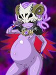  0k0j0 1girl archfiend_heiress areolae armband ass belly_piercing blush breasts demon demon_girl duel_monster female grin highres horns jewelry mask navel navel_piercing necklace nipples nude piercing pregnant pussy small_breasts smile solo tattoo teeth trick_archfiend v yu-gi-oh! 