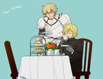  armor blonde_hair blue_background chair cup eating english fate/extra fate_(series) flower gawain_(fate/extra) gloves leonard_bistario_harway male_focus multiple_boys nano_(veek) sauce school_uniform simple_background tablecloth tea teacup teapot tiered_tray 