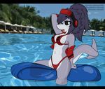  anthro bikini black_hair breasts clothed clothing female fish hair headphones marine navel open_mouth outside pool pose shark skimpy solo swimsuit teeth tight_clothing water xaenyth_(character) zeitraum-blut 
