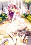  :d absurdres arm_support bare_shoulders blurry blush bridal_veil depth_of_field dress elbow_gloves feet flower fuyuumi_ai gloves hair_flower hair_ornament high_heels highres kantoku long_hair looking_at_viewer lying open_mouth ore_no_kanojo_to_osananajimi_ga_shuraba_sugiru panties pink_hair purple_eyes scan see-through shoes shoes_removed sitting smile solo thighhighs tree_shade underwear veil wedding_dress white_dress white_legwear white_panties yokozuwari 