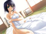  aikawa_daisei aqua_eyes black_hair dutch_angle futon game_cg goutokuji_megumi hair_ribbon lens_flare nude ribbon school_love! short_hair sitting smile solo tatami towel wariza 