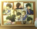  2girls age_progression black_hair brown_eyes brown_hair child chitanda_eru corkboard flower fukube_satoshi green_eyes hair_flower hair_ornament hyouka ibara_mayaka long_hair multiple_boys multiple_girls oreki_houtarou photo_(object) purple_eyes rito453 school_uniform short_hair younger 