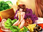  bad_id bad_pixiv_id blush breasts brown_hair food fork fruit highres in_food lemon lettuce medium_breasts minigirl nipples nude olive one_side_up original salad short_hair solo yellow_eyes yomi_yasou 