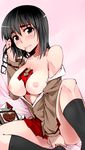  bare_shoulders between_breasts black_eyes black_hair black_legwear blush bow box breasts chocolate cosaten covering covering_crotch eyewear_in_mouth eyewear_removed food glasses heart highres large_breasts mouth_hold nipples pocky school_rumble short_hair skirt suou_mikoto sweat 
