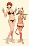  animal_ears blue_eyes cat_ears cat_tail catgirl elf elvaan facial_mark facial_markings final_fantasy final_fantasy_xi food hammer ice_cream mithra pigtails pointy_ears red_hair short_twintails swimsuit tail twintails weapon white_hair 