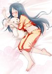  barefoot blue_hair chousoku_henkei_gyrozetter closed_eyes feet glasses highres kozue_akari long_hair lying miwa_satori navel on_side open_mouth pajamas red-framed_eyewear semi-rimless_eyewear sleeping solo stuffed_animal stuffed_toy teddy_bear under-rim_eyewear 