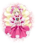  adapted_costume blonde_hair bow choker corset cure_peach dress earrings flower fresh_precure! frills hair_ornament hair_ribbon hairpin heart heart_hair_ornament jewelry lipstick long_hair magical_girl makeup momozono_love nashe_taneru peach_rod pink_bow pink_choker precure puffy_sleeves red_eyes ribbon skirt solo twintails wand 
