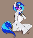  anthro anthrofied blue_hair cleavage clothed clothing equine eyewear female friendship_is_magic glasses hair horn horse lizombie mammal my_little_pony navel pinup pony pose shirt shorts solo suggestive sunglasses unicorn vinyl_scratch_(mlp) 