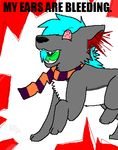  ambiguous_gender bleeding_ears blood blue_hair canine chest_tuft dog green_tongue grey_fur hair penguinkimbo reaction_image red_eye scarf smile text 