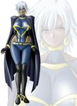  1girl boots breasts cape dark_skin earrings elbow_gloves gloves impossible_clothes impossible_shirt inugami_mokekiyo jewelry large_breasts lipstick looking_at_viewer makeup marvel shirt short_hair solo standing storm_(x-men) takaibiki thigh_gap white_hair wide_hips x-men yellow_eyes zoom_layer 