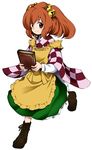  apron bad_id bad_pixiv_id bell blush book boots checkered checkered_skirt clothes_writing fuantei hair_ornament long_sleeves motoori_kosuzu red_eyes red_hair short_hair skirt smile solo touhou 