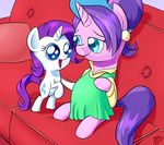  absurd_res blue_eyes cub cutie_mark duo ear_piercing equine female feral friendship_is_magic fur hair hi_res horn horse mammal my_little_pony paradigmpizza piercing pregnant purple_hair rarity_(mlp) sofa unicorn white_fur young 