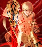  armor blonde_hair chain ea_(fate/stay_night) earrings enkidu_(weapon) fate/hollow_ataraxia fate_(series) gilgamesh grin jewelry male_focus necklace red_eyes shirtless smile solo taa_(acid) tattoo 