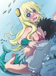  1girl awa bikini black_hair blonde_hair blue_eyes blush breasts fish fuji-san hug large_breasts long_hair mermaid micro_bikini monster_girl mukoujima_takurou namiuchigiwa_no_muromi-san navel open_mouth spiked_hair swimming swimsuit underwater very_long_hair 