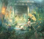  black_cat black_eyes black_hair cat fish flower globe grass hairband looking_away original short_hair sitting solo surreal tree umbrella yoshiku_(oden-usagi) 