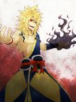  1boy blonde_hair fairy_tail fire long_hair red_eyes smile tattoo zancrow 