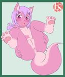  anthro anus barefoot canine cub cute ethersaga female fox fur hair happy hindpaw legs_up looking_at_viewer lying mammal nipples nude on_back pawpads paws pink pink_eyes pink_fur plantigrade plump_labia presenting purple_hair pussy soles solo spread_legs spreading stars toes young 