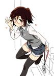  adjusting_eyewear black_legwear blush bouhatei_tetora brown_eyes brown_hair camera casual glasses hair_ornament hairclip heart joshiraku leaning_forward necktie ningen_(ningen96) ponytail shirt short_hair shorts smile solo standing standing_on_one_leg thighhighs vest white_shirt 