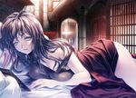  arch ass bed_sheet blue_eyes breast_press breasts brown_hair cleavage door dress indoors large_breasts long_hair lying messy_hair on_stomach original pillar pillow rezi solo stone_wall strap_slip wall window 