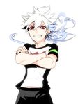  armband bad_id bad_pixiv_id crossed_arms hakuryuu_(inazuma_eleven) inazuma_eleven_(series) inazuma_eleven_go long_hair male_focus multicolored_hair simple_background soccer_uniform solo sportswear two-tone_hair white_background zero_(inazuma_eleven) zuwai_kani 
