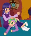  almond-art bed butt child clock clothed clothing couple curtains female friendship_is_magic green_eyes hair human humanized inside male mammal multi-colored_hair my_little_pony night not_furry open_mouth pants pillow purple_eyes purple_hair shirt sitting socks spanking spike_(mlp) sweater twilight_sparkle_(mlp) young 