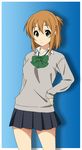  brown_eyes brown_hair fukuoka_katsumi hand_on_hip original school_uniform short_hair solo sweater touka_(fukuoka_katsumi) 