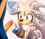  amber_eyes anthro balls blue_hair blush chest_tuft cum dialog dragonichigo gay gloves hair hedgehog male penis poke sega sex silver_the_hedgehog sonic_(series) sonic_the_hedgehog tailwag text video_games yellow_eyes 