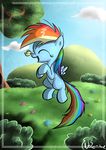  cloud clouds cub equine eyes_closed female feral flying friendship_is_magic grass hair happy horse mammal multi-colored_hair my_little_pony neko-me outside pegasus pony rainbow_dash_(mlp) rainbow_hair sky solo tree wings young 