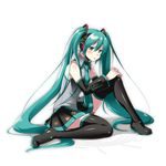  aqua_eyes aqua_hair bare_shoulders black_legwear blush caffein detached_sleeves hatsune_miku headphones highres long_hair looking_at_viewer md5_mismatch nail_polish necktie pleated_skirt sitting skirt solo thighhighs twintails very_long_hair vocaloid zettai_ryouiki 