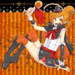  alternate_costume bat black_gloves boots cure_sunny earrings elbow_gloves fangs fingerless_gloves food fruit gloves hair_bun hat hino_akane_(smile_precure!) jewelry kasetsu magical_girl orange orange_background orange_eyes orange_hair pointy_ears precure ribbon shirt short_hair single_elbow_glove single_glove skirt smile smile_precure! solo star thighhighs vampire wrist_cuffs 