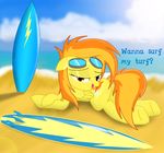  bedroom_eyes butt cutie_mark english_text equine eyewear female feral flank friendship_is_magic goggles hair horse licking looking_at_viewer mammal multi-colored_hair my_little_pony pegasus pony presenting sea seaside solo spitfire_(mlp) spitshy suggestive surfboard text tongue water wings wonderbolts_(mlp) 