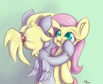  alasou amber_eyes blonde_hair bracelet cyan_eyes derpy_hooves_(mlp) duo equine female feral fluttershy_(mlp) friendship_is_magic fur grey_fur hair horse jewelry looking_at_viewer mammal my_little_pony open_mouth pegasus pink_hair pony ponytail signature simple_background tongue wings yellow_fur 