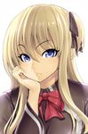  blonde_hair blue_eyes face hair_ribbon hakaba_(dairiseki) highres jpeg_artifacts lips long_hair looking_at_viewer nose quiz_magic_academy ribbon shalon simple_background solo white_background 