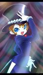  anpanman bad_id bad_pixiv_id blue_eyes bow bowtie bracelet character_request eyelashes eyeshadow formal gloves hat highres jewelry makeup open_mouth orange_hair pale_skin pearl short_hair smile solo space_jin top_hat tuxedo white_gloves 
