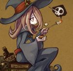  book bottle brown_hair english hair_over_one_eye hat little_witch_academia long_hair mecyo_(mamezurushiki) pale_skin poison red_eyes sitting solo sucy_manbavaran wand wide_sleeves witch witch_hat 