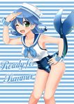  blue_hair blue_sailor_collar bracelet fish_tail green_eyes hat jewelry mint_(cerbi) one-piece_swimsuit one_eye_closed original sailor_collar sailor_hat school_swimsuit short_hair solo swimsuit swimsuit_under_clothes tail 