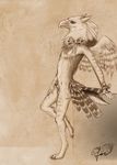  beak bow damoni girly gryphon joe male monochrome nude raised_leg ribbons sepia sheath simple_background sketch solo standing wings 