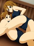  2girls ass bare_shoulders breasts brown_eyes brown_hair cameltoe hair_ornament hairclip highres hirasawa_ui hirasawa_yui k-on! legs looking_back minarui multiple_girls open_mouth short_hair siblings sideboob sisters smile solo spread_legs swimsuit take_your_pick thighs yuri 