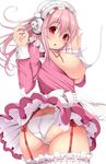  ass bra breasts from_behind garter_straps headphones large_breasts long_hair looking_at_viewer looking_back meropan nitroplus open_mouth panties pink_hair red_eyes sideboob simple_background solo super_sonico thighhighs underwear wardrobe_malfunction white_background white_legwear white_panties 