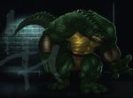 alligator anthro bandage belt biceps bottomless claws clenched_teeth fangs flexing green_skin huge_muscles karuma9 leatherhead male muscles mutant orange_eyes pecs pose reptile scales scalie sewer skin solo standing teenage_mutant_ninja_turtles teeth thick_tail toned topless 