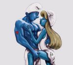  blonde_hair blue_skin dress female hair liquidchaosx male smurf smurfette straight the_smurfs 