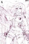 breasts cropped_jacket dual_wielding emblem holding leaf lineart magister_(medical_whiskey) mikasa_ackerman monochrome pants paradis_military_uniform scarf shingeki_no_kyojin short_hair small_breasts solo survey_corps_(emblem) thigh_strap three-dimensional_maneuver_gear weapon wind 